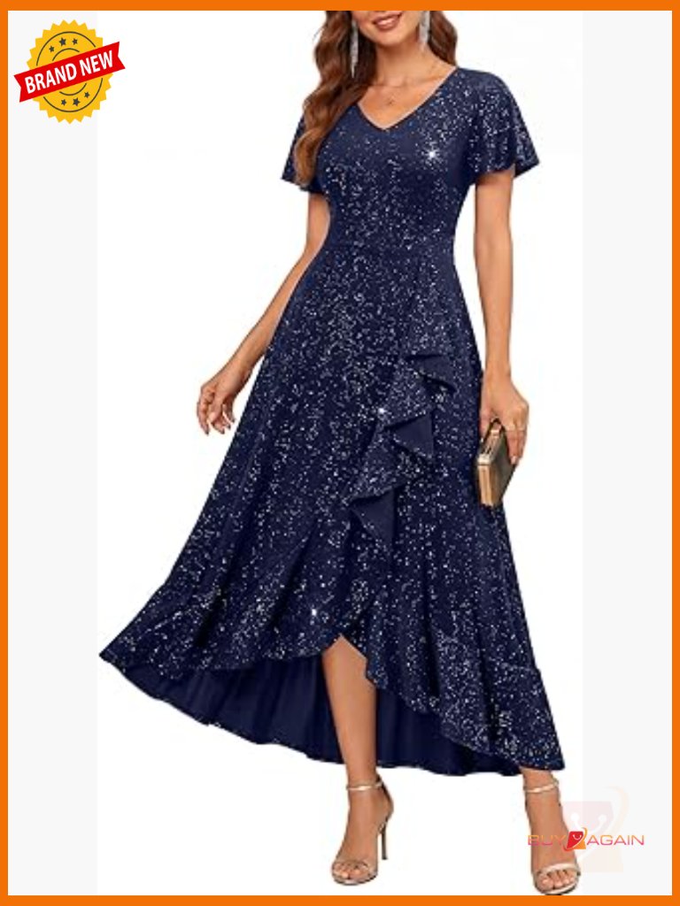 Sequin Flutter Sleeve High Low Cocktail Dress Formal Evening Wedding Guest